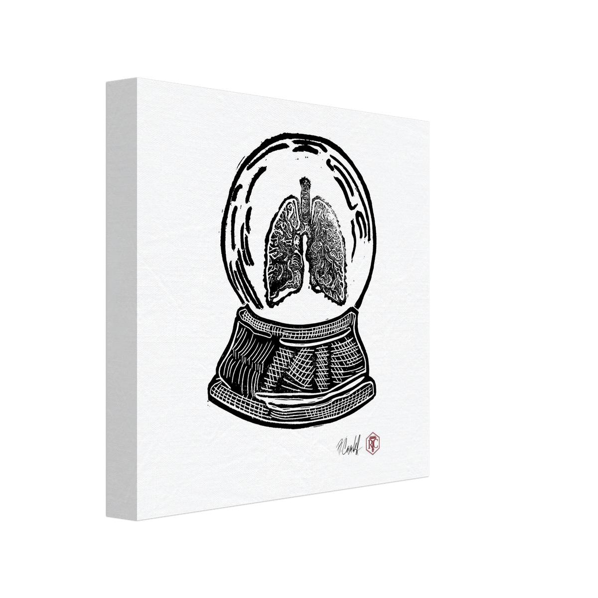 Canvas print 20 × 20 cm with the linocut “Snow Globe Lungs” – side view