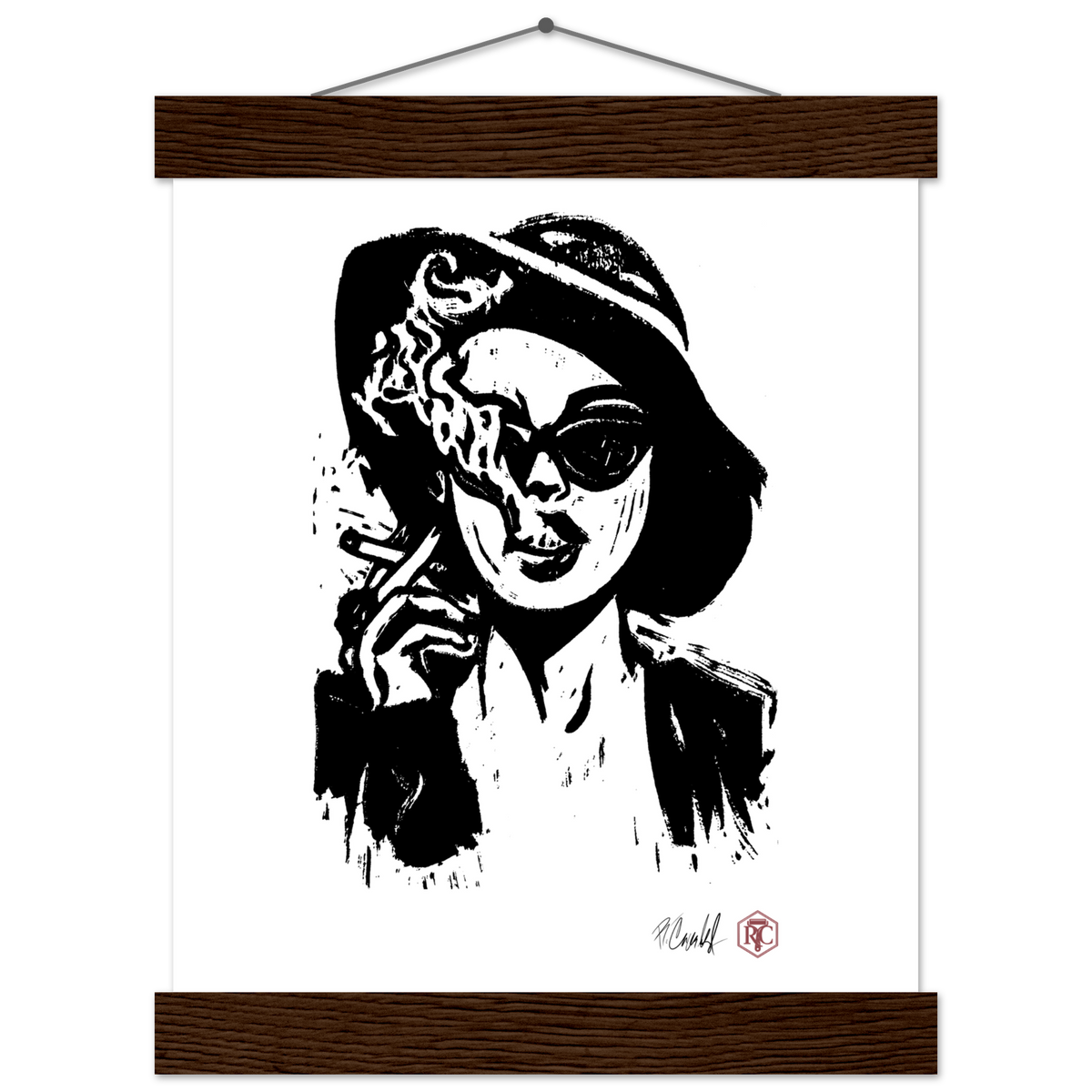 Poster 20 × 25 cm with wooden hanger, linocut “Smoke” – front view