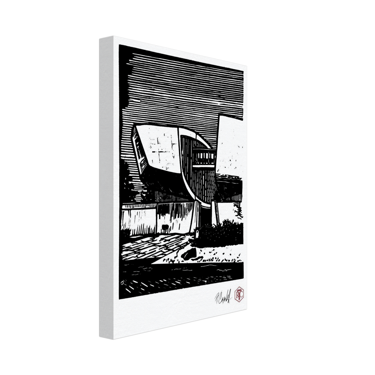 Canvas print with the linocut “SNP” – side view
