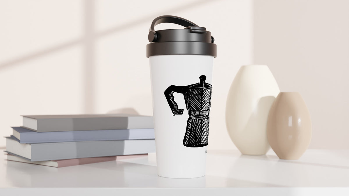 Stainless steel travel mug with the linocut “Moka Pot” – view 3