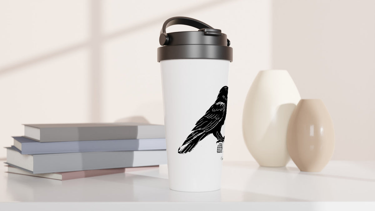 Stainless steel travel mug with the linocut “Raven” – view 3