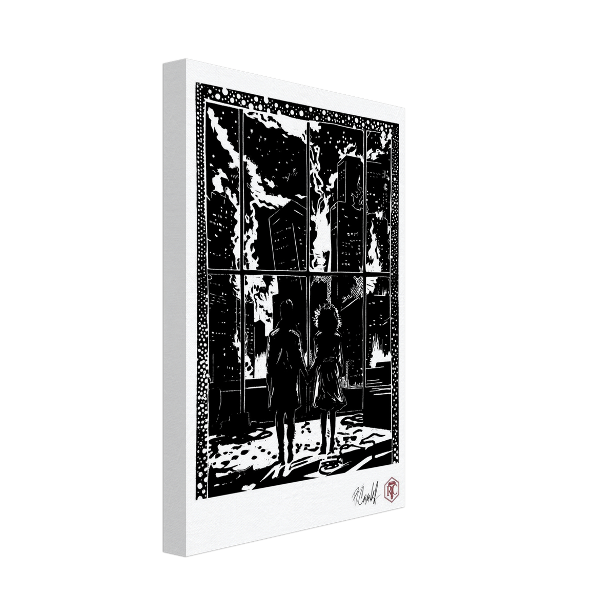 Canvas print with the linocut “The Window” – side view