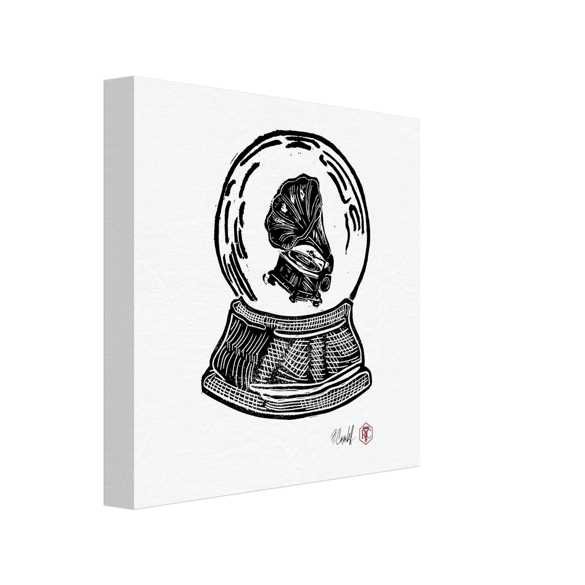 Canvas print 20 × 20 cm with the linocut “Snow Globe Gramophone” – side view