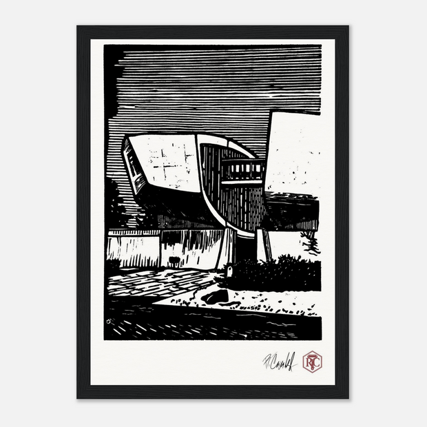 Framed art print, black wooden frame, linocut “SNP” – front view