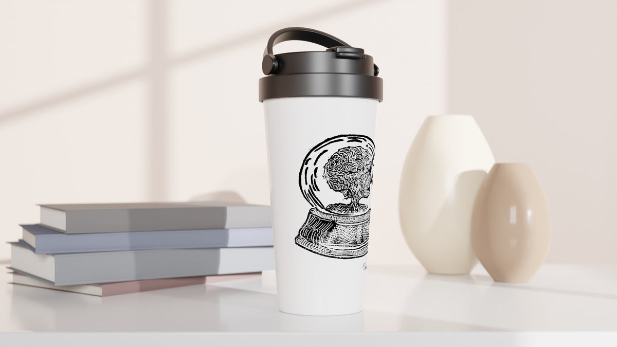 Stainless steel travel mug with the linocut “Snow Globe Tree” – view 3