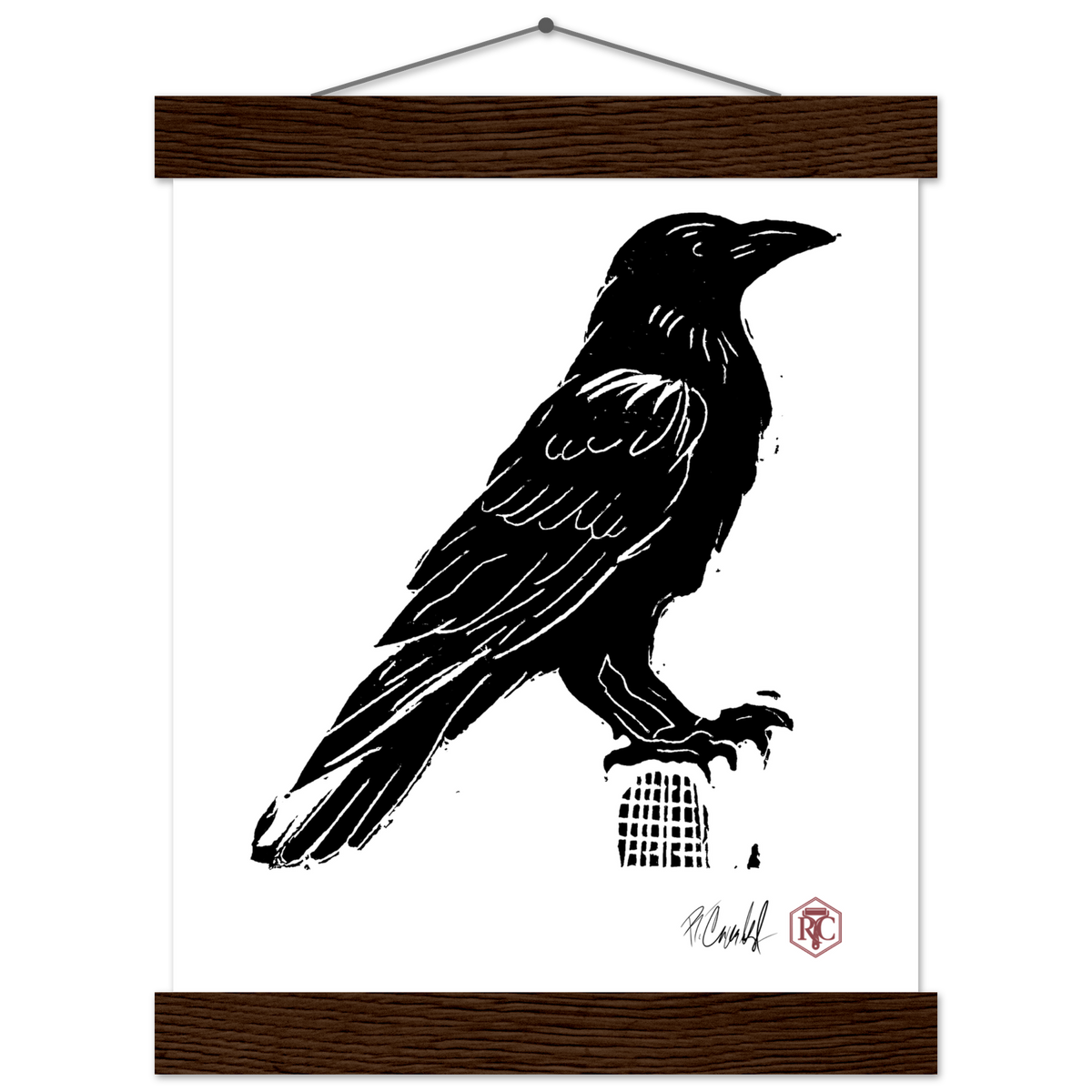 Poster 20 × 25 cm with wooden hanger, linocut “Raven” – front view