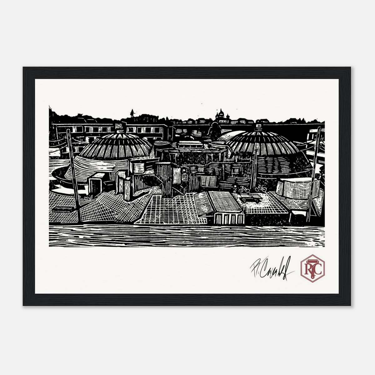 Framed art print, black wooden frame, linocut “The Domes” – front view