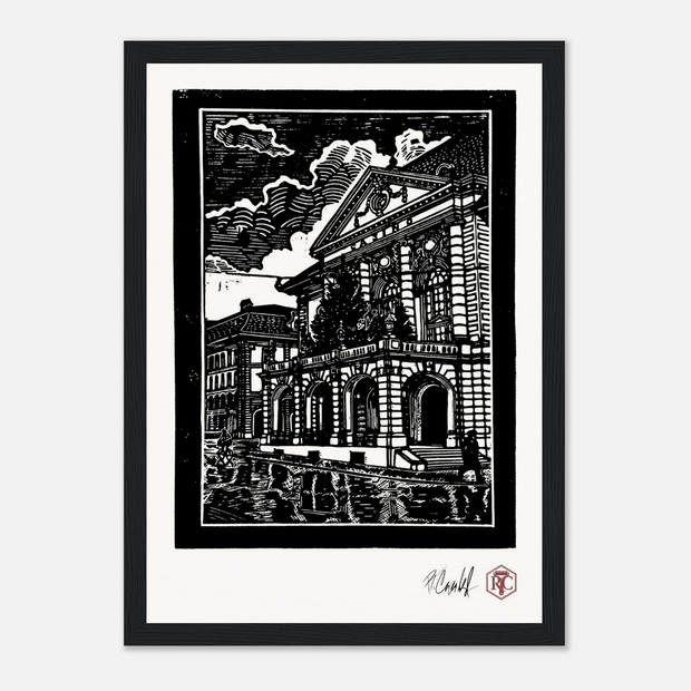 Framed art print, black wooden frame, linocut “Casino Bern” – front view