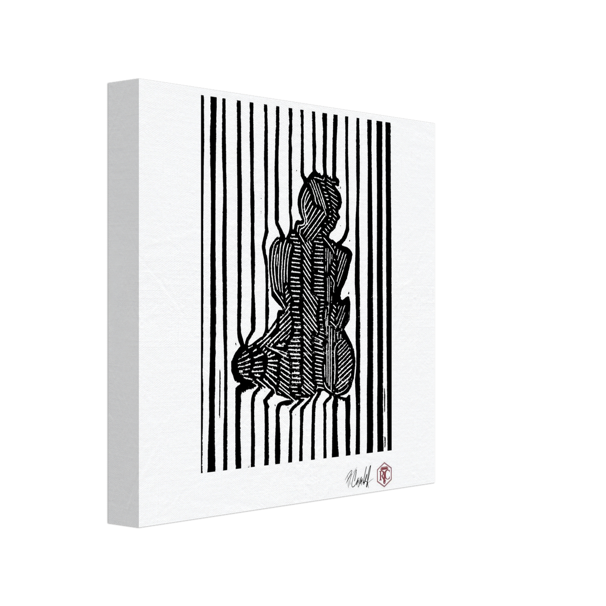 Canvas print 20 × 20 cm with the linocut “Stripes” – side view