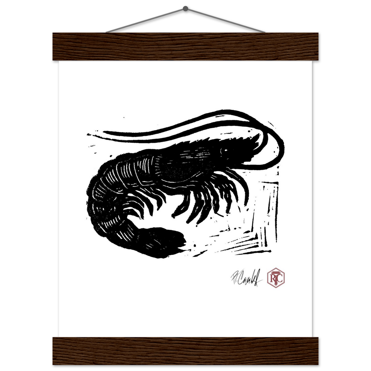 Poster 20 × 25 cm with wooden hanger, linocut “Shrimp” – front view