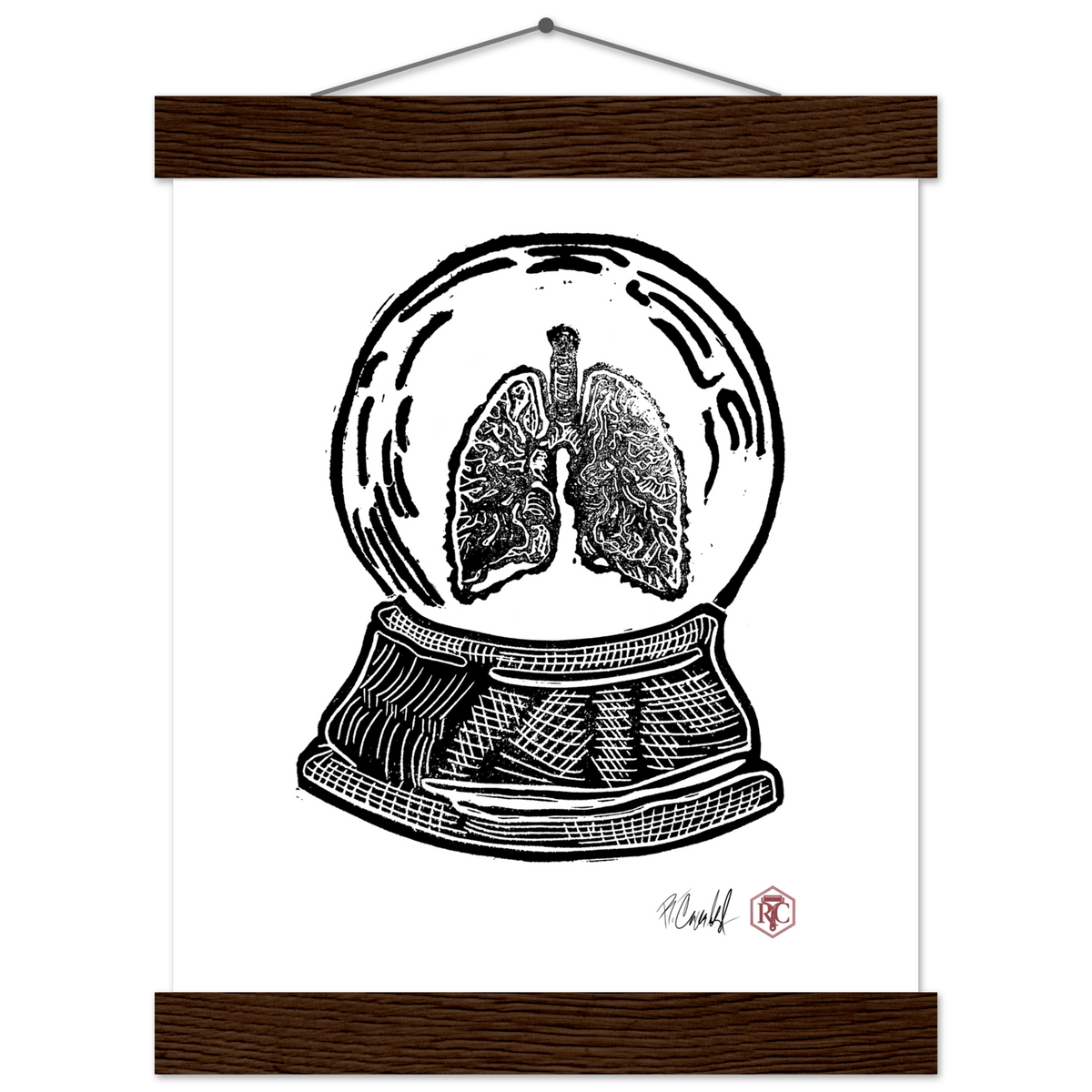 Poster 20 × 25 cm with wooden hanger, linocut “Snow Globe Lungs” – front view