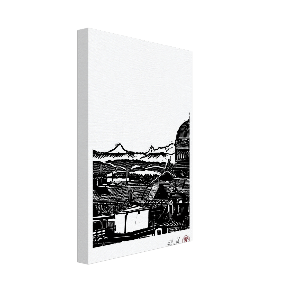 Canvas print with the linocut “Above Bern” – side view