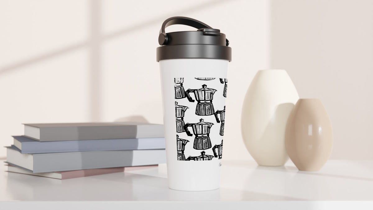 Stainless steel travel mug with the linocut “Moka” – view 3