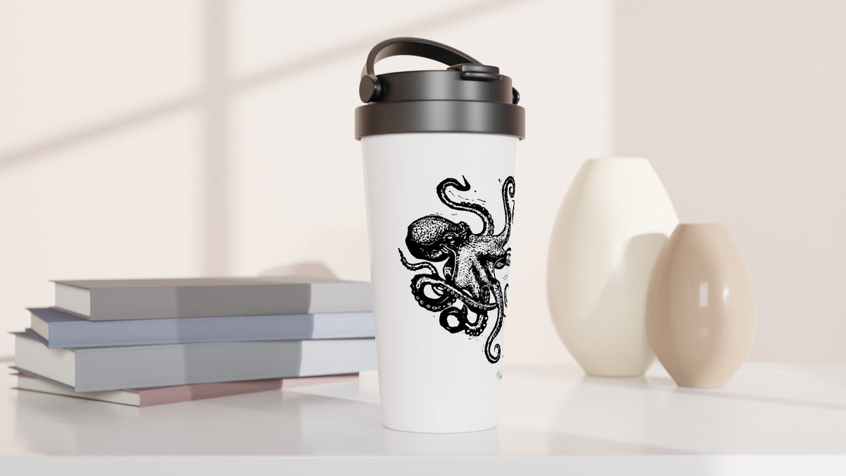 Stainless steel travel mug with the linocut “Octopus” – view 3