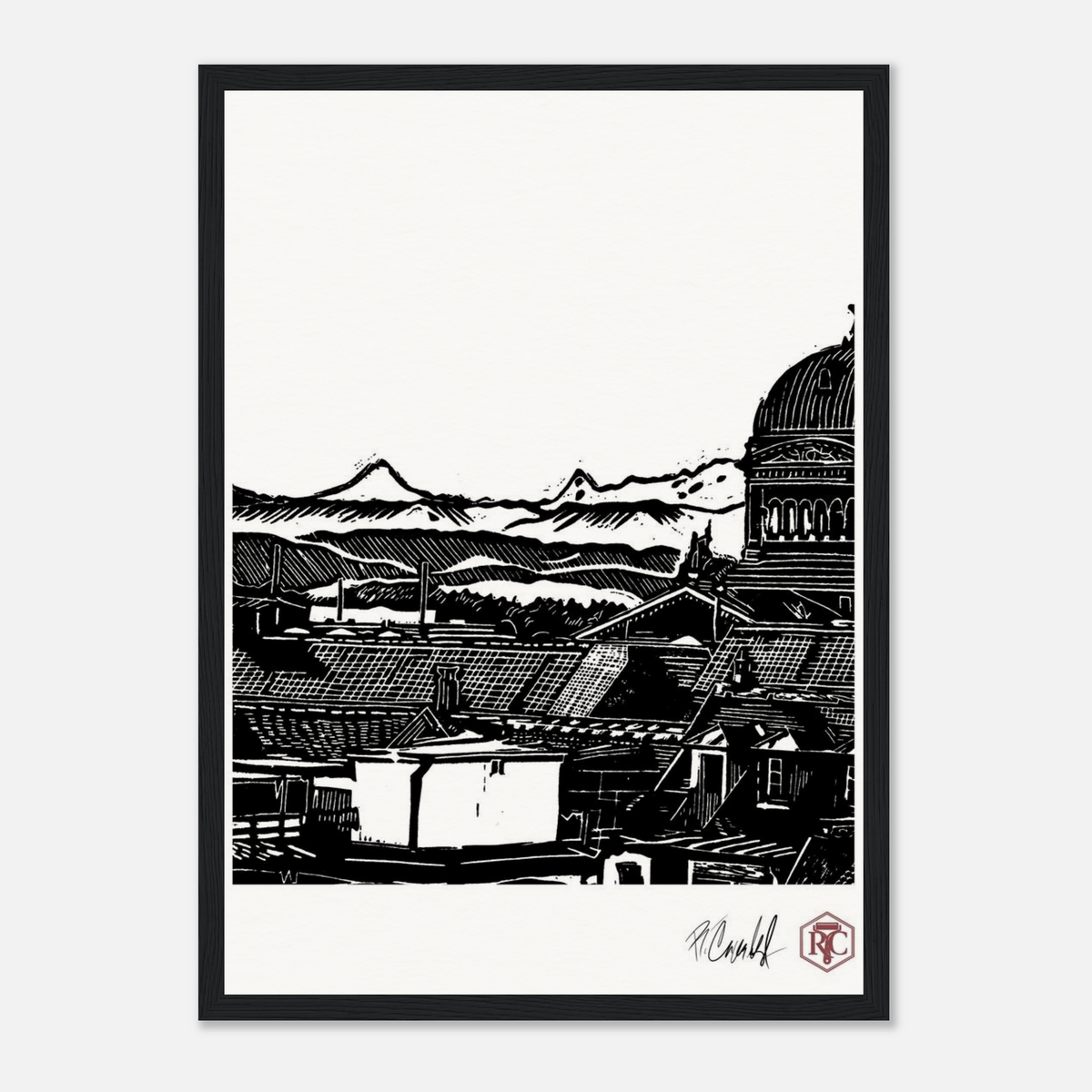 Framed art print, black wooden frame, linocut “Above Bern” – front view