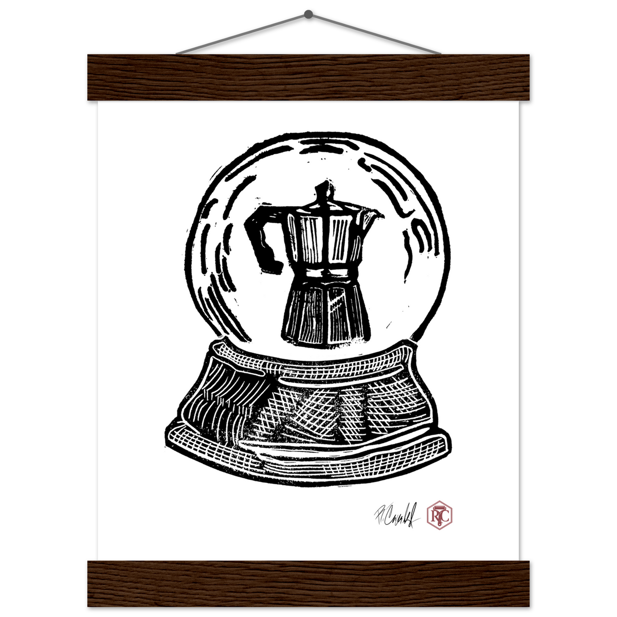 Poster 20 × 25 cm with wooden hanger, linocut “Snow Globe Moka Pot” – front view