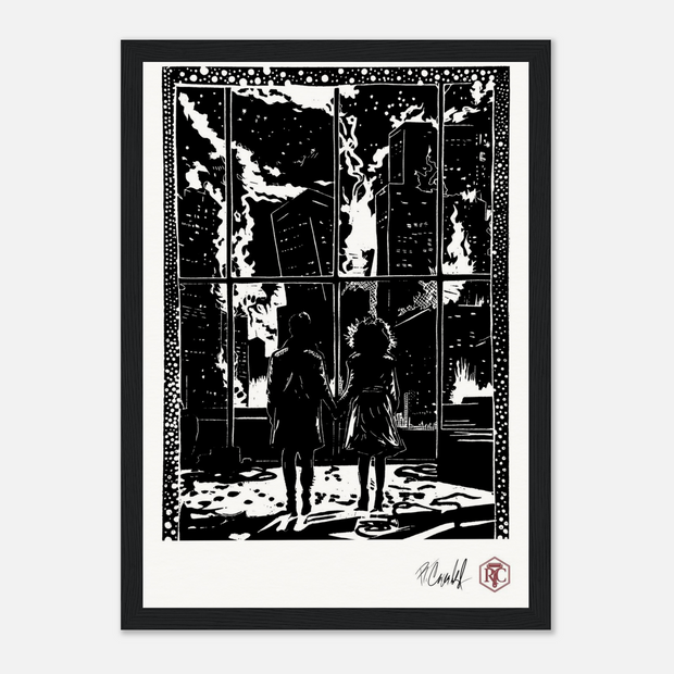 Framed art print, black wooden frame, linocut “The Window” – front view
