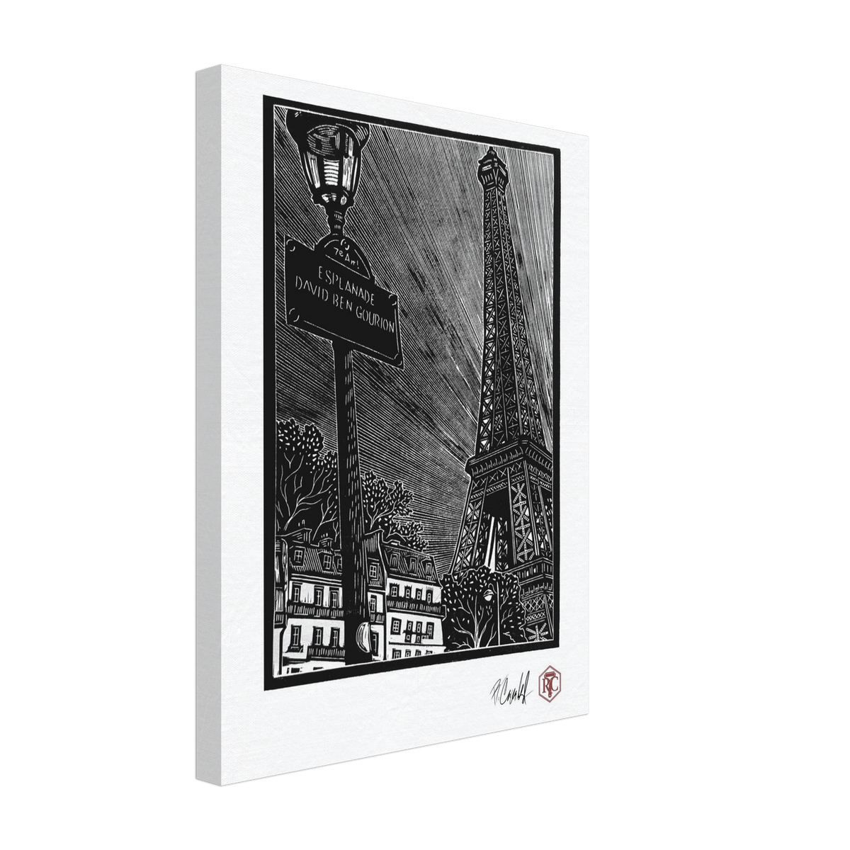 Canvas print with the linocut “Esplanade, Paris” – side view