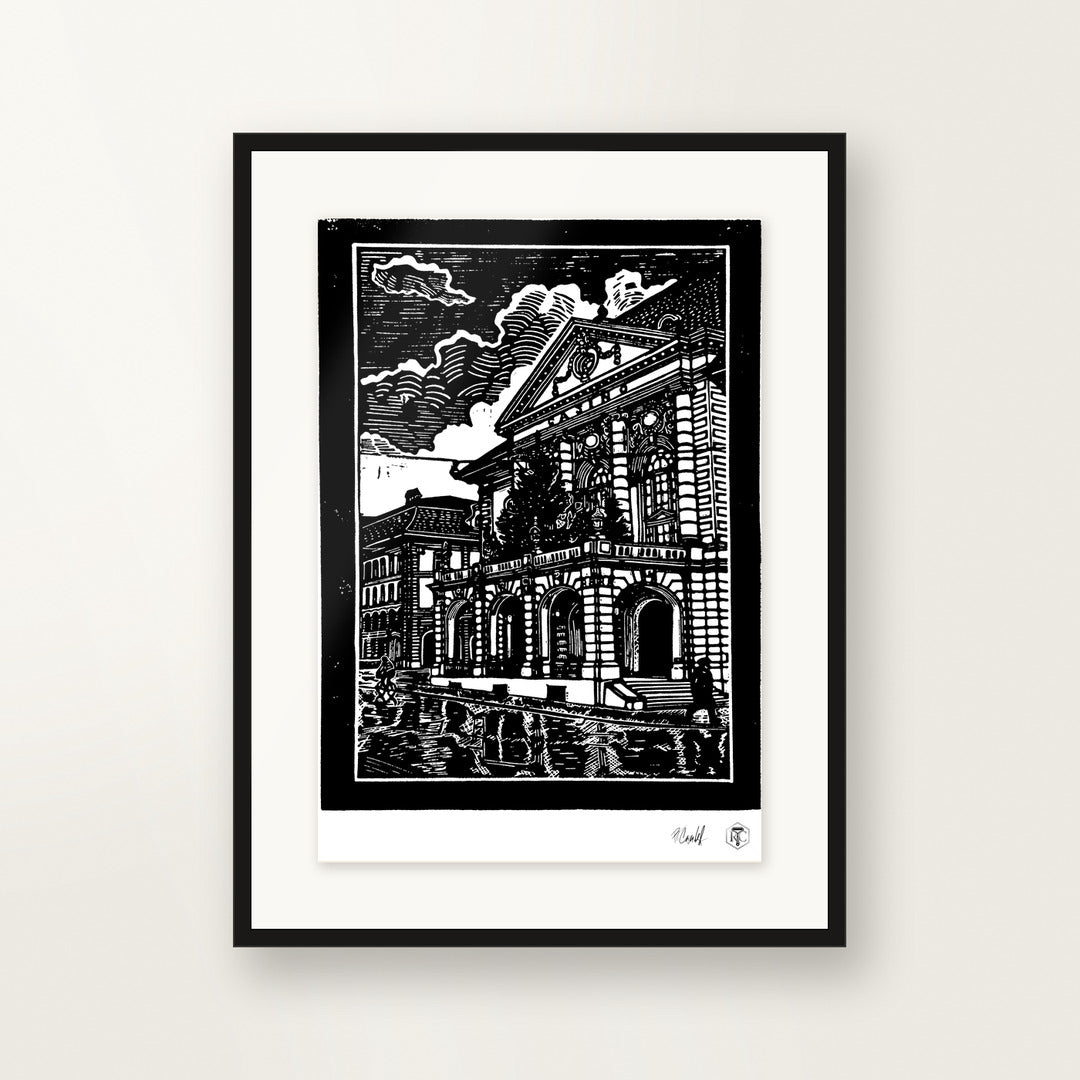 Casino Bern — original linocut A4, framed on the wall