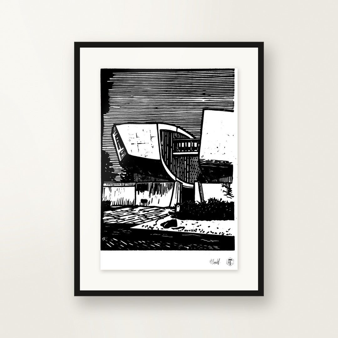 SNP — original linocut A4, framed on the wall