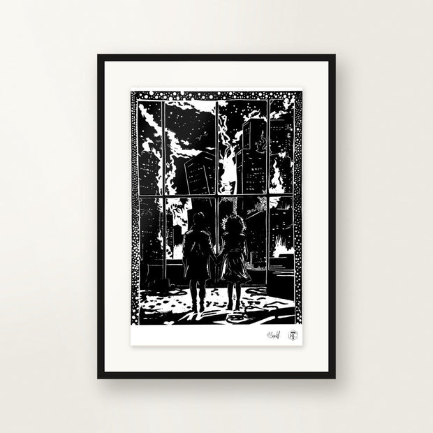 The Window — original linocut A4, framed on the wall