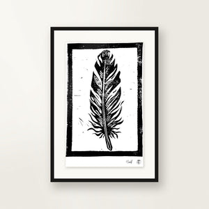 Feather — small-format linocut, hand-printed