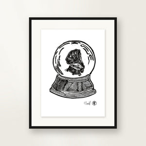 Snow Globe — Gramophone — small-format linocut, hand-printed