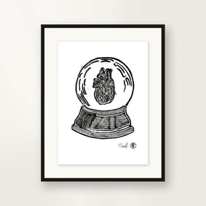 Snow Globe — Heart — small-format linocut, hand-printed