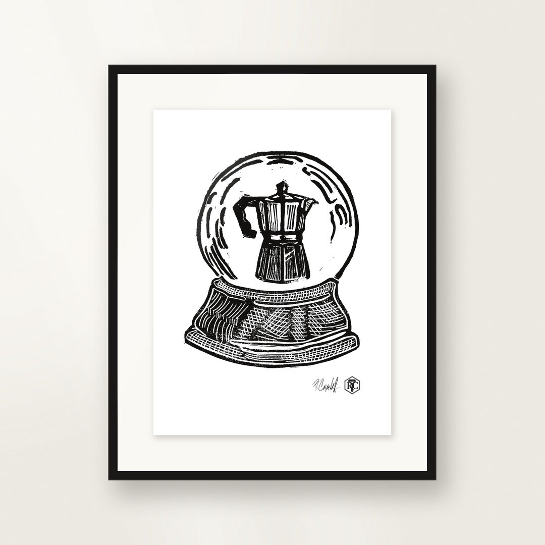Snow Globe Moka Pot — small format, framed