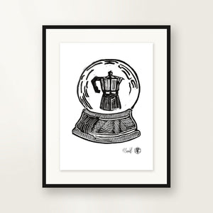 Snow Globe — Moka Pot — small-format linocut, hand-printed