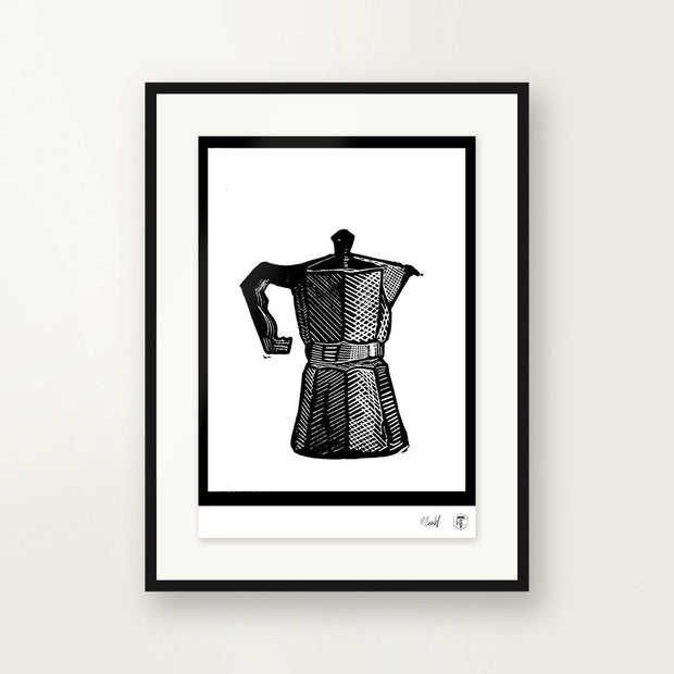 Moka Pot — hand-printed linocut, framed on the wall