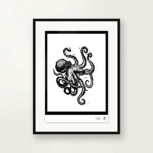 Octopus — small-format linocut, hand-printed