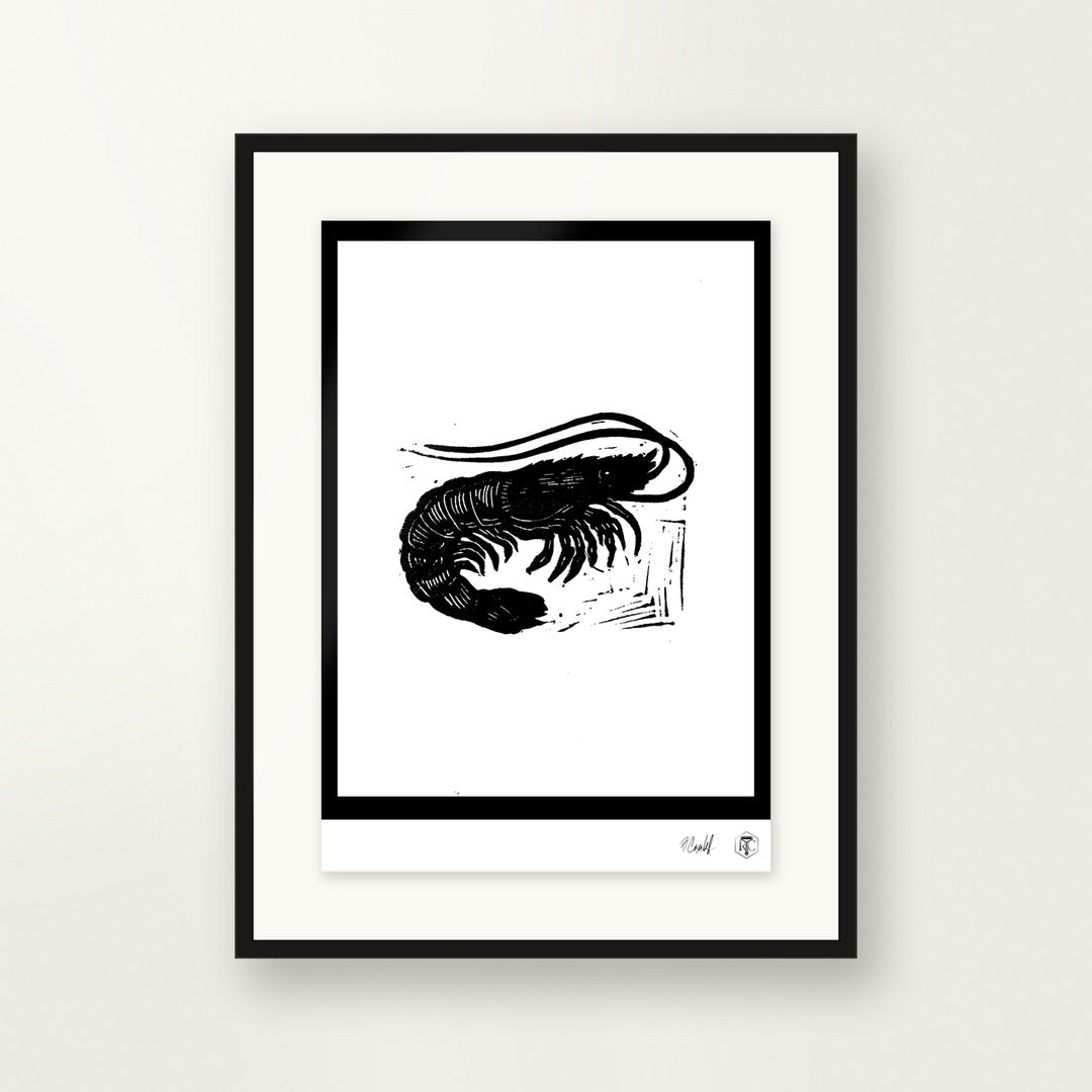 Shrimp — hand-printed linocut, framed on the wall