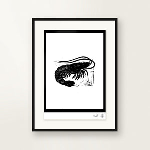 Shrimp — small-format linocut, hand-printed