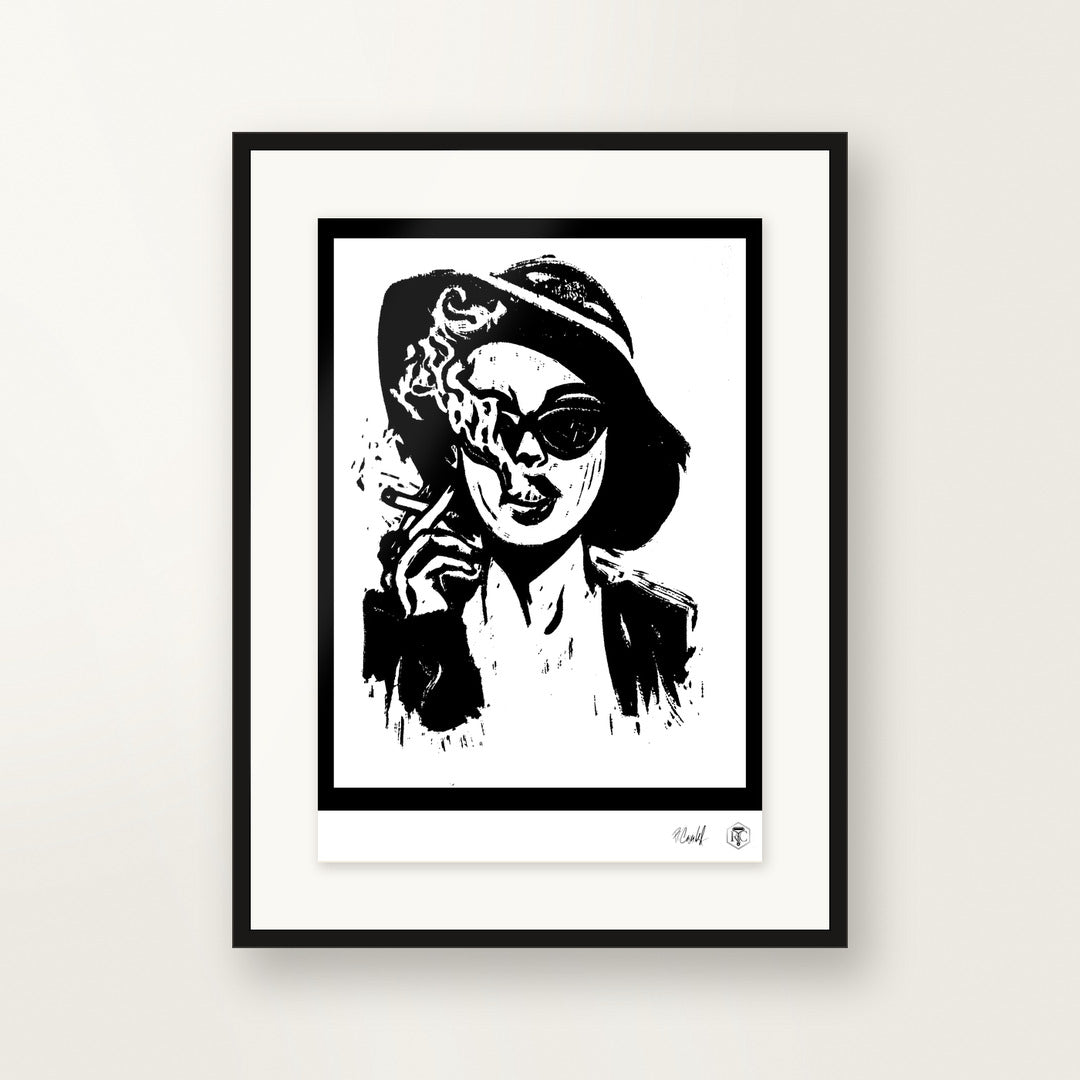 Smoke — hand-printed linocut, framed on the wall