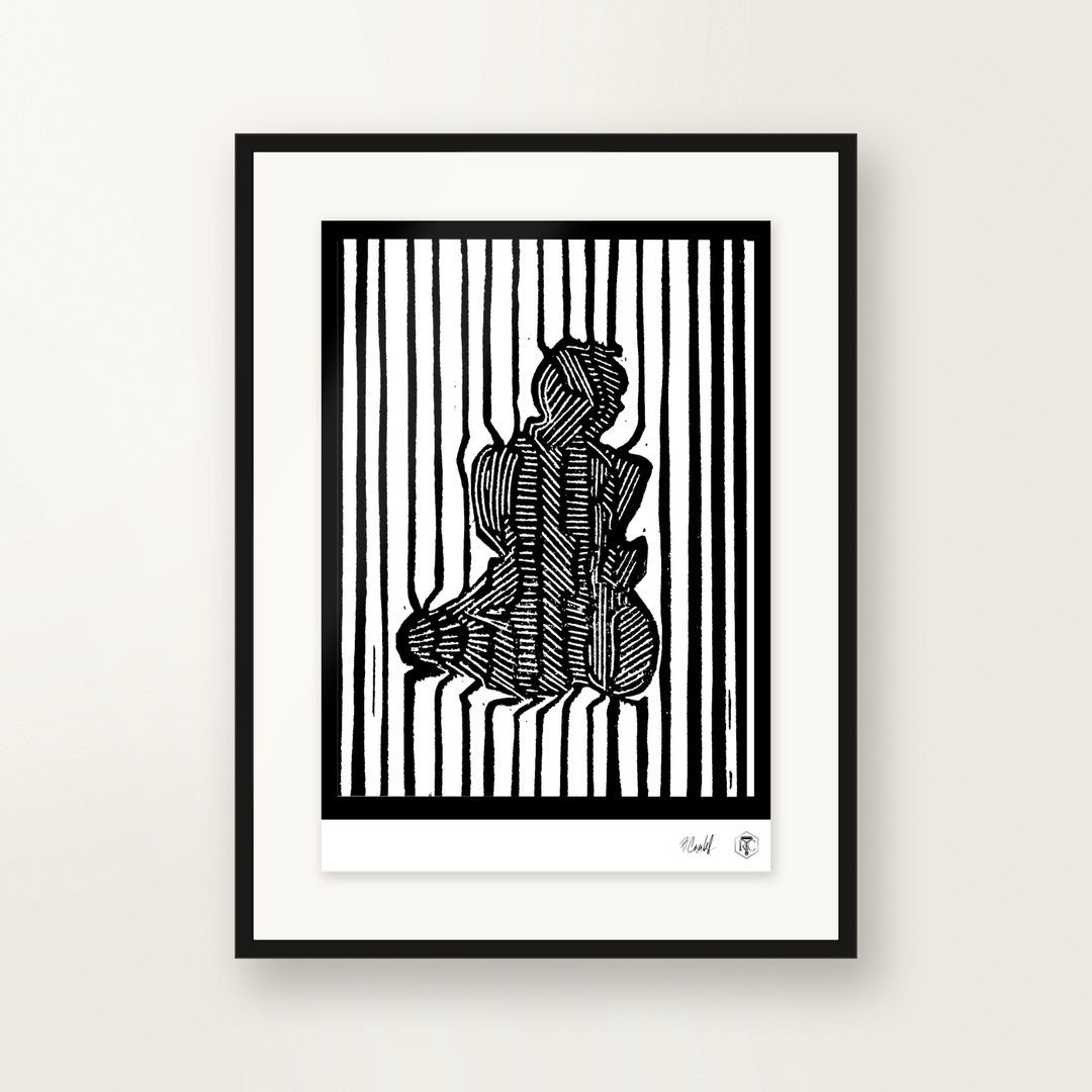 Stripes — hand-printed linocut, framed on the wall