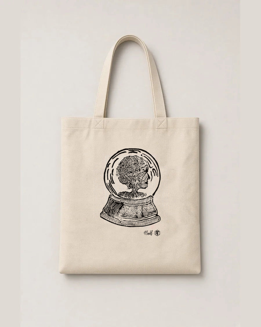 Snow Globe Tree — linocut on an organic cotton tote bag, natural colour