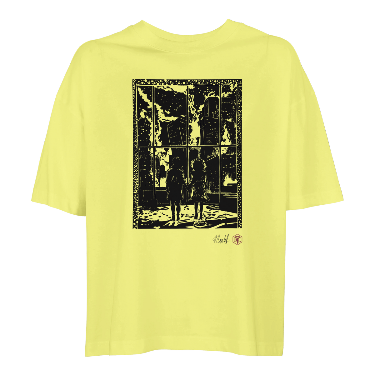 Organic cotton T-shirt with the linocut “The Window” – light yellow, women’s cut