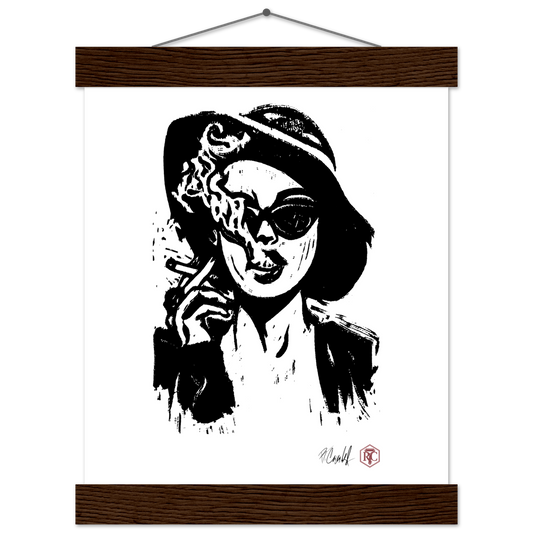 Poster 20 × 25 cm with wooden hanger, linocut “Smoke” – front view