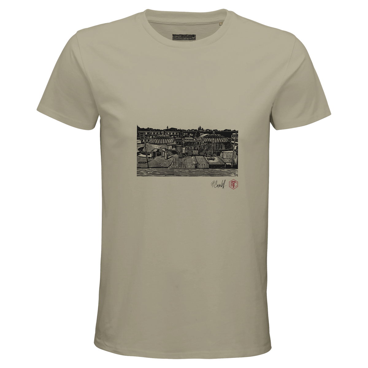 Organic cotton T-shirt with the linocut “The Domes” – sand, men’s cut