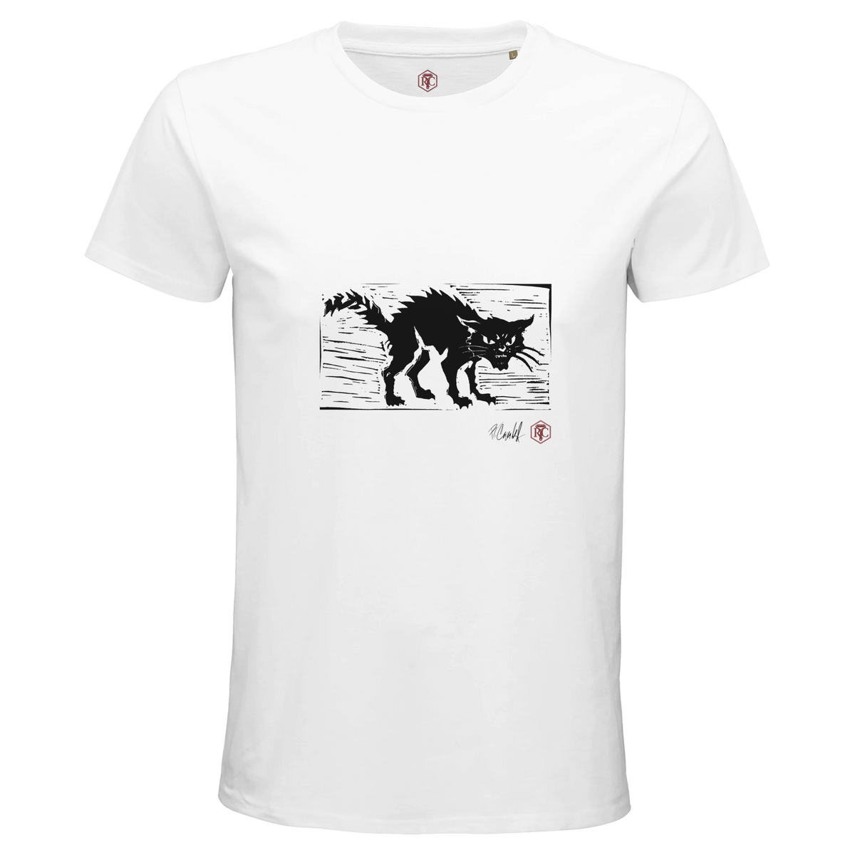 Organic cotton T-shirt with the linocut “Cat” – white, men’s cut