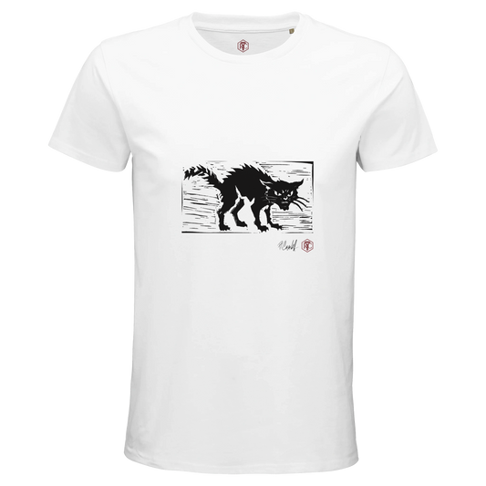 Organic cotton T-shirt with the linocut “Cat” – white, men’s cut