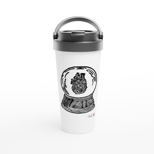 Stainless steel travel mug with the linocut “Snow Globe Heart” – view 1