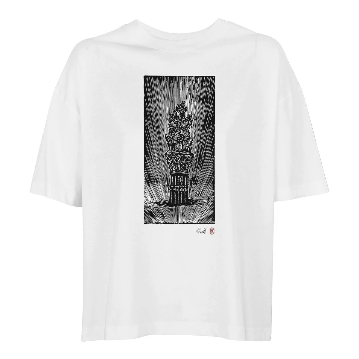 Organic cotton T-shirt with the linocut “The Fountain, Bern” – white, women’s cut