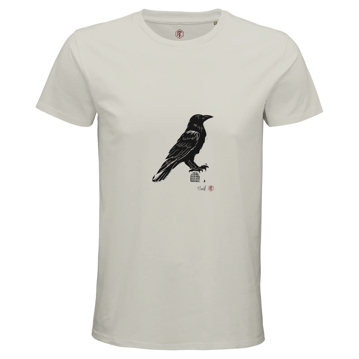 Organic cotton T-shirt with the linocut “Raven” – ash grey, men’s cut