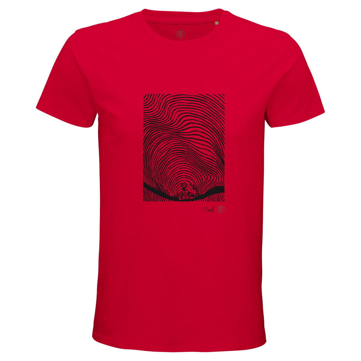 Organic cotton T-shirt with the linocut “Waves” – red, men’s cut
