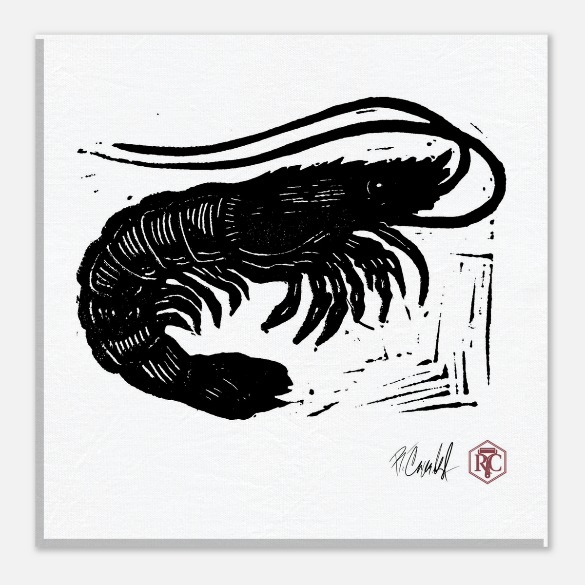 Canvas print 20 × 20 cm with the linocut “Shrimp” – front view