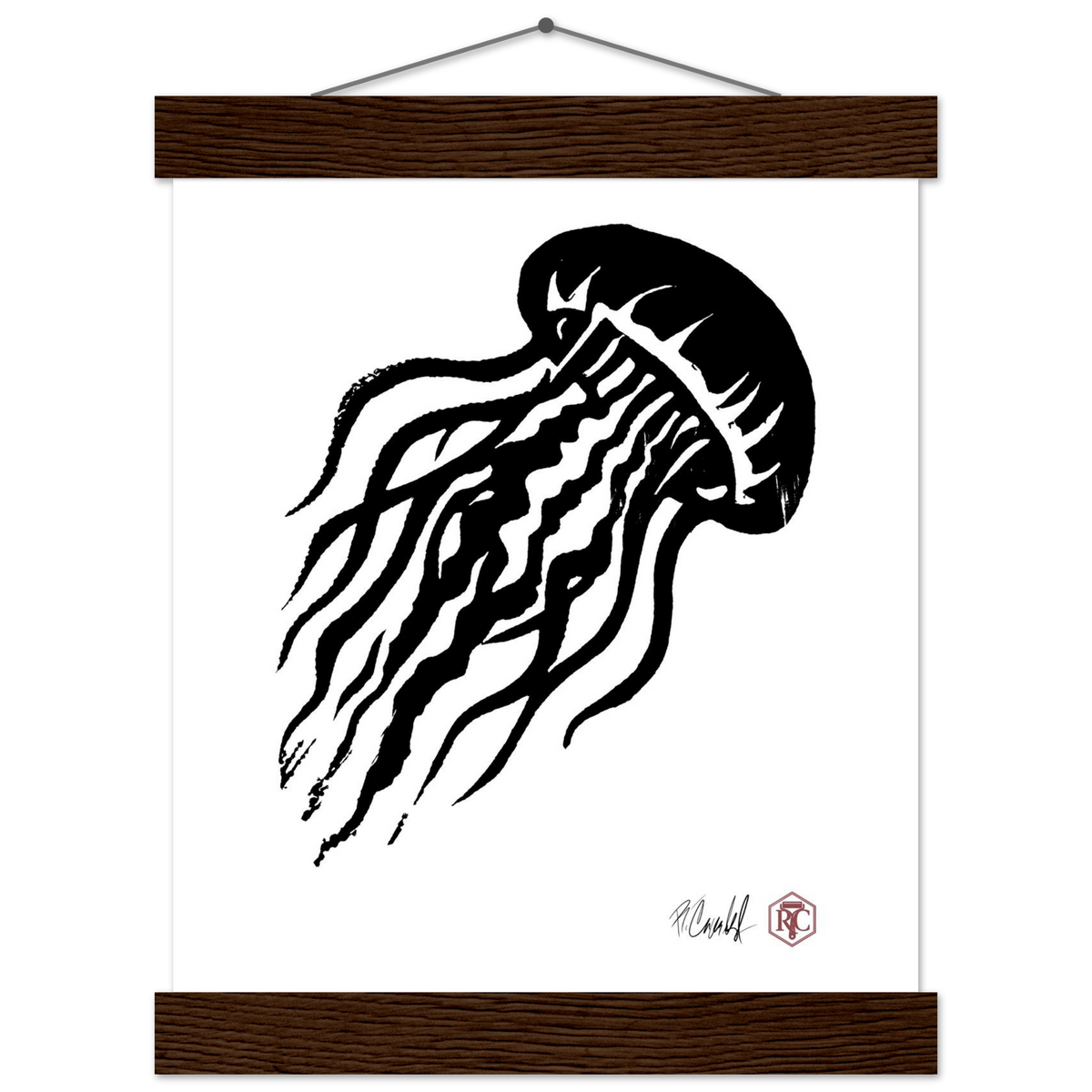 Poster 20 × 25 cm with wooden hanger, linocut “Jellyfish” – front view