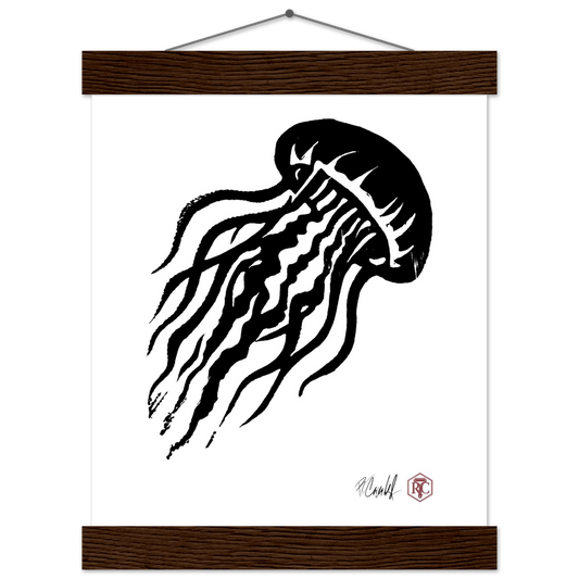 Poster 20 × 25 cm with wooden hanger, linocut “Jellyfish” – front view