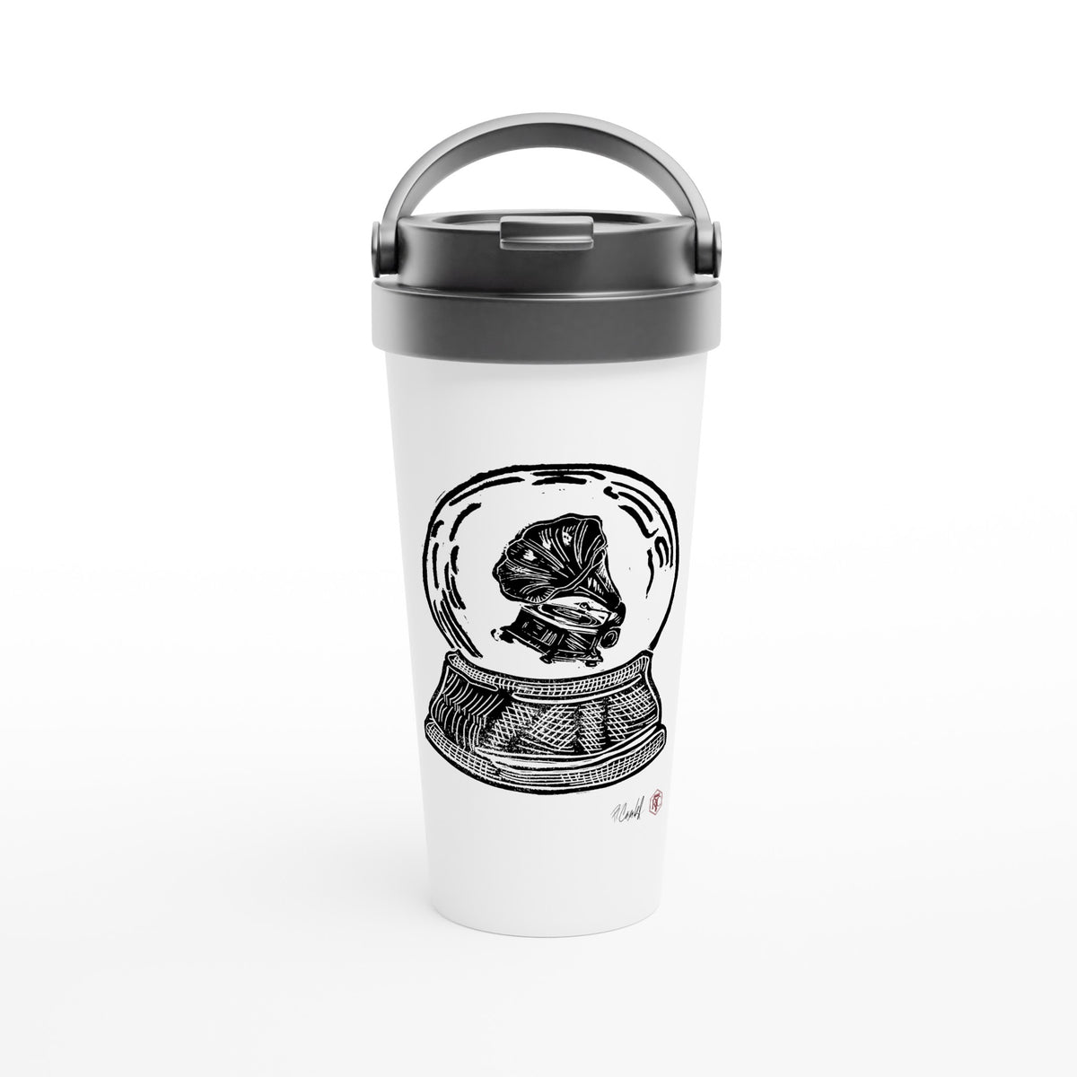 Stainless steel travel mug with the linocut “Snow Globe Gramophone” – view 1